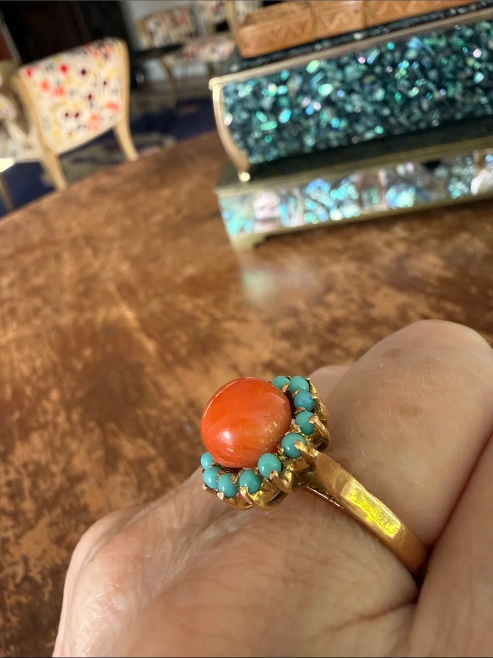 Vintage 14K Gold Sunburst ☀️Ring with Coral Center and Turquoise Halo